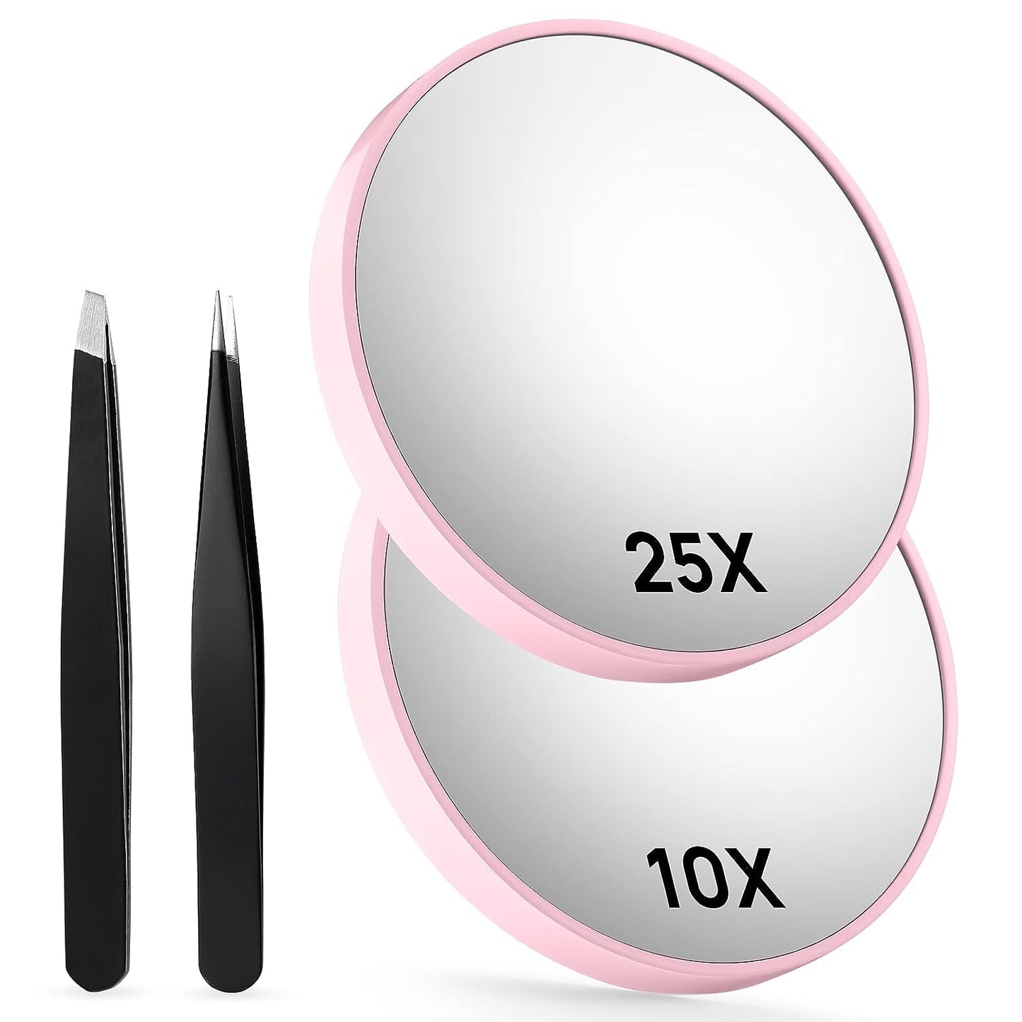 10X & 25X Magnifying Mirrors with Two Eyebrow Tweezers Kits, 3.5" Two Suction Cups Magnifier Set for Travel (Pink)