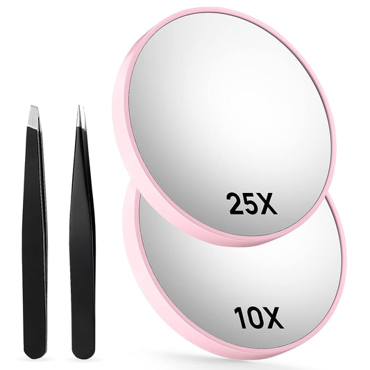 10X & 25X Magnifying Mirrors with Two Eyebrow Tweezers Kits, 3.5" Two Suction Cups Magnifier Set for Travel (Pink)