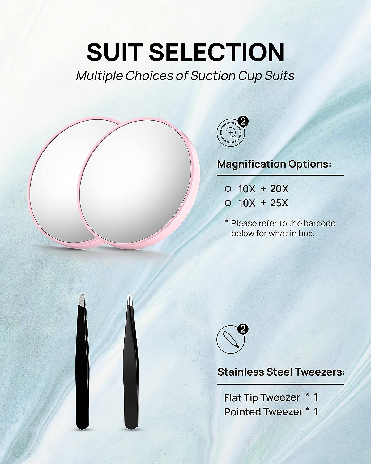 10X & 25X Magnifying Mirrors with Two Eyebrow Tweezers Kits, 3.5" Two Suction Cups Magnifier Set for Travel (Pink)