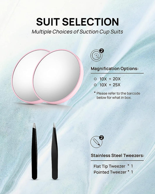 10X & 25X Magnifying Mirrors with Two Eyebrow Tweezers Kits, 3.5" Two Suction Cups Magnifier Set for Travel (Pink)