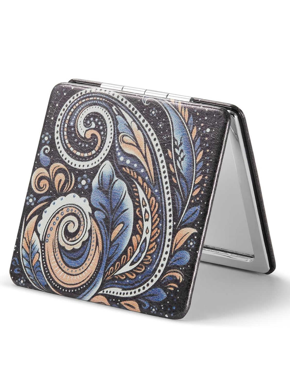 1X/10X(300R) Compact Magnifying Mirror, Unique Painting Pocket Mirror with Classical PU Leather (Round,Paisley)